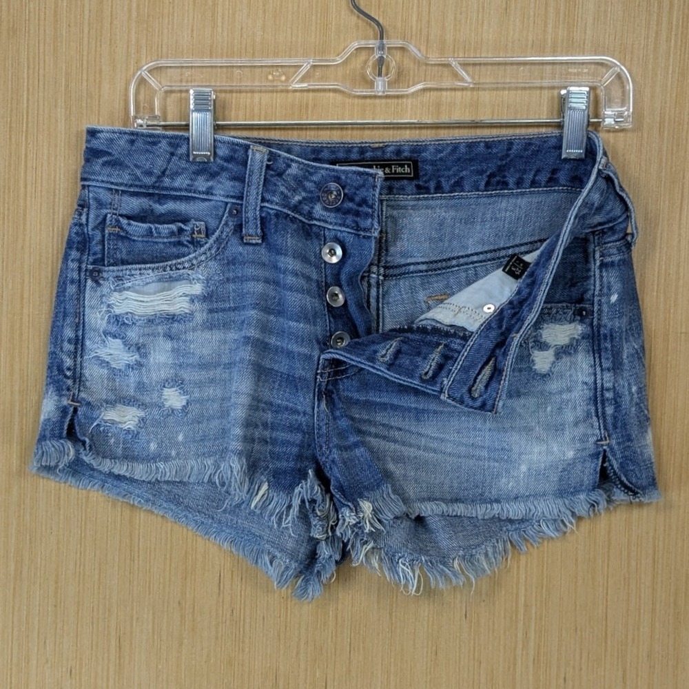 Abercrombie & Fitch Distressed Denim Shorts Button Fly Raw Hem Blue Womens 25 28